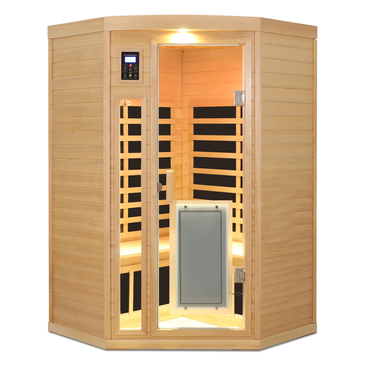 Sauna interior de esquina con infrarrojos lejanos, de Hemlock, para dos personas, con bajo EMF y panel calefactor en la puerta principal.
