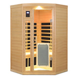 Sauna interior de esquina con infrarrojos lejanos, de Hemlock, para dos personas, con bajo EMF y panel calefactor en la puerta principal.