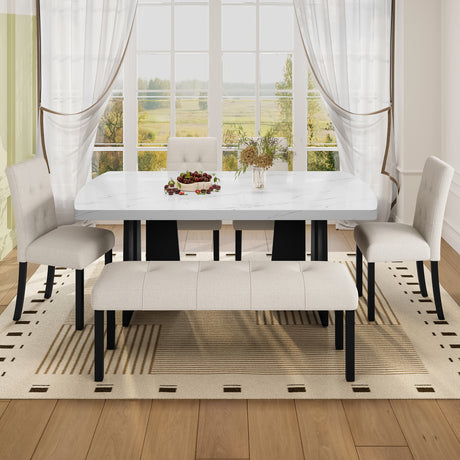 6 Piece Modern Dining Table Set, 63' Faux Marble Dining Table with Geometric Legs & 4 Upholstered Chairs & 1 Bench, Suitable for Dining Kitchen Room,Easy to Assemble, Beige + White - sold by Home Elegance USA
