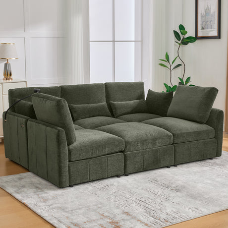 Modern Sectional Sofa Modular Sofa 85.4' U-shaped Sofa Couch Sofa Bed with Movable Ottoman, USB Ports, Phone Holder, Green Chenille - sold by Home Elegance USA