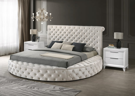 Unique Round Plush Ivory Velvet Button-Tufted Detailing Storage Bed Queen Size White 2x Nightstands Wooden Bedroom Furniture 3pc Set - sold by Home Elegance USA