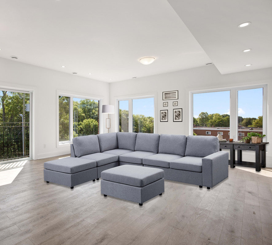 Marley 120' Light Gray Linen 7 Seat Reversible Modular Sectional Sofa with Ottoman