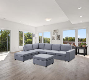 Marley 120' Light Gray Linen 7 Seat Reversible Modular Sectional Sofa with Ottoman - sold by Home Elegance USA