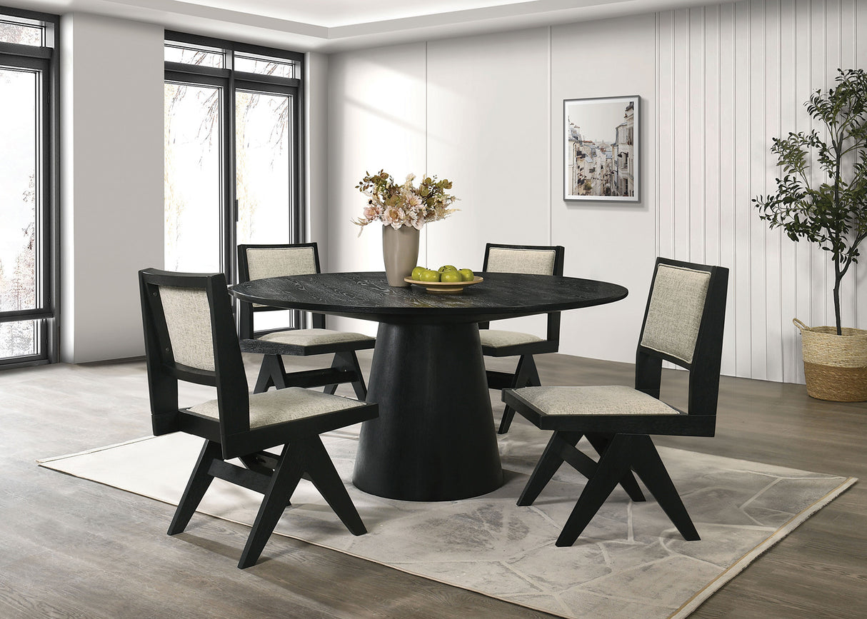 Juego de comedor contemporáneo de 5 piezas en negro, mesa tapizada en gris con 4 sillas laterales, mesa de comedor redonda de 59'