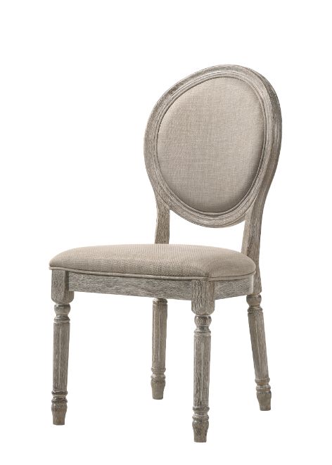 Acme - Faustine Side Chair (Set-2) 77187 Tan Fabric & Salvaged Light Oak Finish