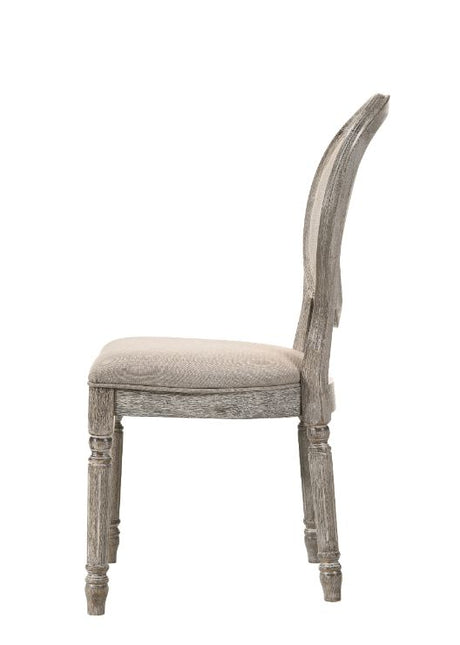 Acme - Faustine Side Chair (Set-2) 77187 Tan Fabric & Salvaged Light Oak Finish