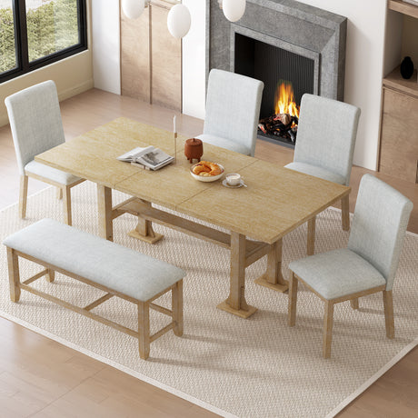 TOPMAX Farmhouse 76inch 6-Piece Extendable Dining Table Set with Trestle Base, Upholstered Chairs & Bench, Natural Wood and Light Gray Fabric - sold by Home Elegance USA