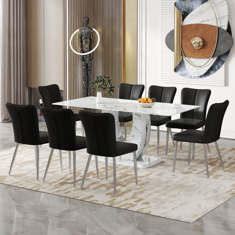 Table and chair set.Modern Simple Marble Pattern Dining Set - 71'x35.4' Table with 8 Black PU Chairs with a vertical stripe design on the backrest. Tempered glass tabletop,White Marble Pattern. - sold by Home Elegance USA