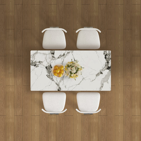 63' Modern 4-6 Person Dining Table with Storage Cabinets, Charred Stone Top & Golden Solid Wood Base, Includes 4 White Velvet Chairs for Kitchen and Apartment - sold by Home Elegance USA