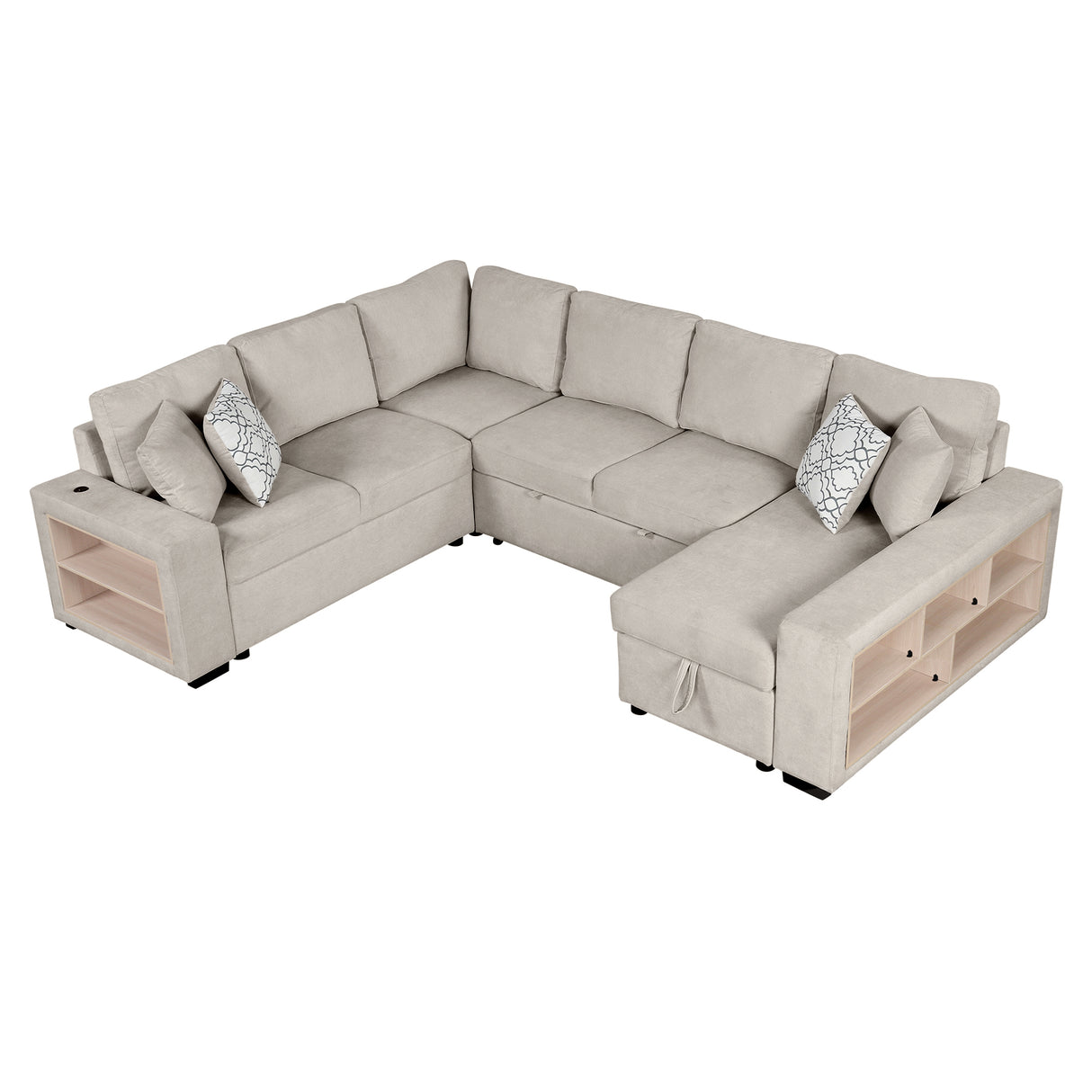 Beige Chenille U-Shaped Sectional Sofa with Pull-out Bed, USB Ports, Storage Chaise & Back Pillows