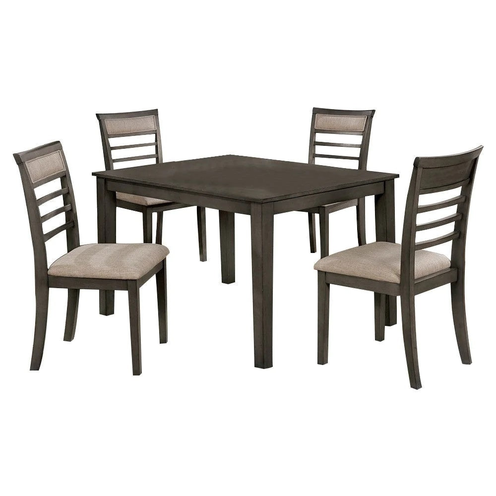 Juego de mesa de comedor de 5 piezas, color gris desgastado, sillas y mesa de comedor, madera maciza, cojines de tela acolchados beige, silla con respaldo de listones, muebles de comedor