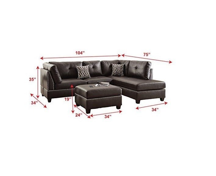 3 - pcs Sectional Sofa Espresso Bonded Leather Cushion Sofa Chaise Ottoman Reversible Couch Pillows | Home Elegance USA