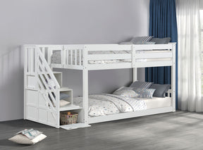 Transitional Style Twin Over Twin Low Bunk Bed Reversible Storage Drawers Staircase White Finish Mattress Ready Bedroom Furniture - sold by Home Elegance USA