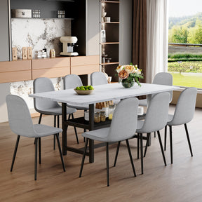 Table and chair set.71*35.4 inch White Grain Spliced Dining Table With Storage Function In The Middle Of The Table Legs.Paired with 8 Light Gray Linen-Cotton Material High Resilience Dining Chairs. - sold by Home Elegance USA