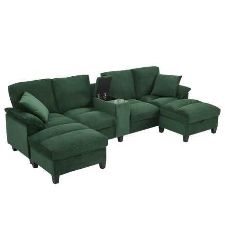 Modern Green U-shaped Sectional Sofa with Corduroy Upholstery, Hidden Storage Ottomans, USB Ports, and Cup Holders, 116.9' - sold by Home Elegance USA