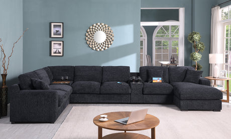 Celine 141.5' Dark Gray Chenille Fabric Corner Sectional Sofa with Right-Facing Chaise, Cupholders, and Charging Ports - sold by Home Elegance USA