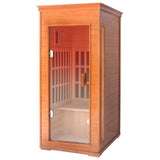 Sauna seca de infrarrojos lejanos para una persona, 1000 W, madera de okume, 4 paneles calefactores, altavoz Bluetooth, luces LED, tamaño de la habitación: 95 x 76 x 165 cm