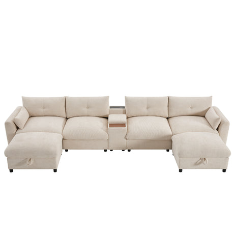 136'' Modular Sectional Sofa with Console, Cup Holder, USB Charger, Movable Storage Ottoman, Pull-line&Tufted Design, U-Shaped Oversized Chenille Sofa for Living Room&Apartment,2 Colors - sold by Home Elegance USA