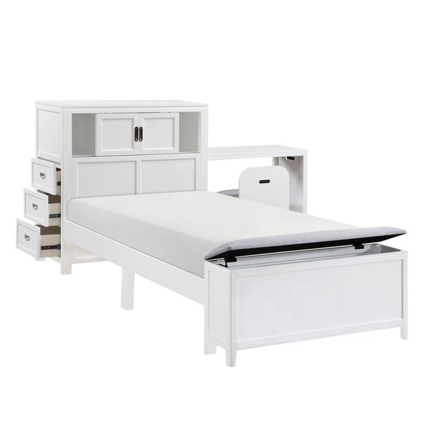 White Finish Twin Platform Bed with Bookcase Headboard Drawers Hidden Desk Stool Footboard Storage Bench Bedroom Furniture 1pc