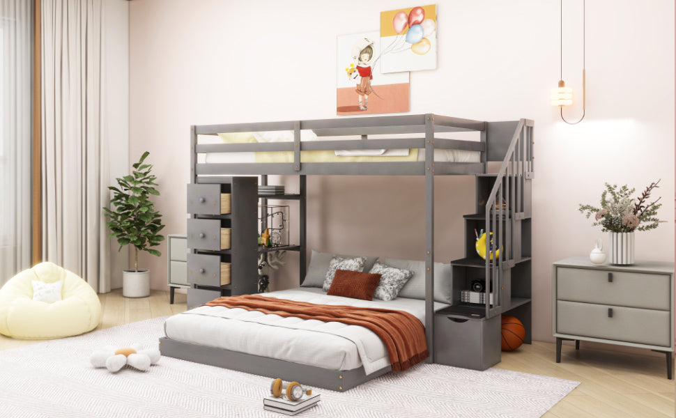 Twin Over Full Bunk Bed with 3-layer Shelves, Drawers and Storage Stairs, Gray - Home Elegance USA