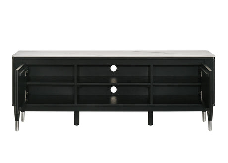 Contemporary Style TV Console Sintered Stone Top Silver Capped Arrow Legs Open Shelves Black And White Finish Primary Living Room - sold by Home Elegance USA
