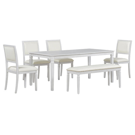 TREXM Vintage Extendable Dining Table Set for 6 with 4 Chairs & Bench, 59 to 72-Inch Rustic Farmhouse Kitchen Table Set with Distressed Finish and Retro Carved Legs (Washed White) - sold by Home Elegance USA