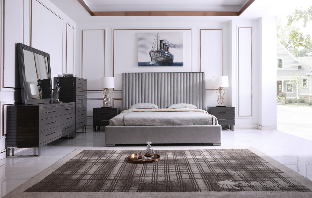 Eastern King Splendor - Silver & Grey Velvet Upholstered Platform Bed Set - View Image 1