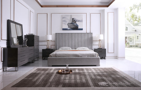 Eastern King Splendor - Silver & Grey Velvet Upholstered Platform Bed Set - View Image 1