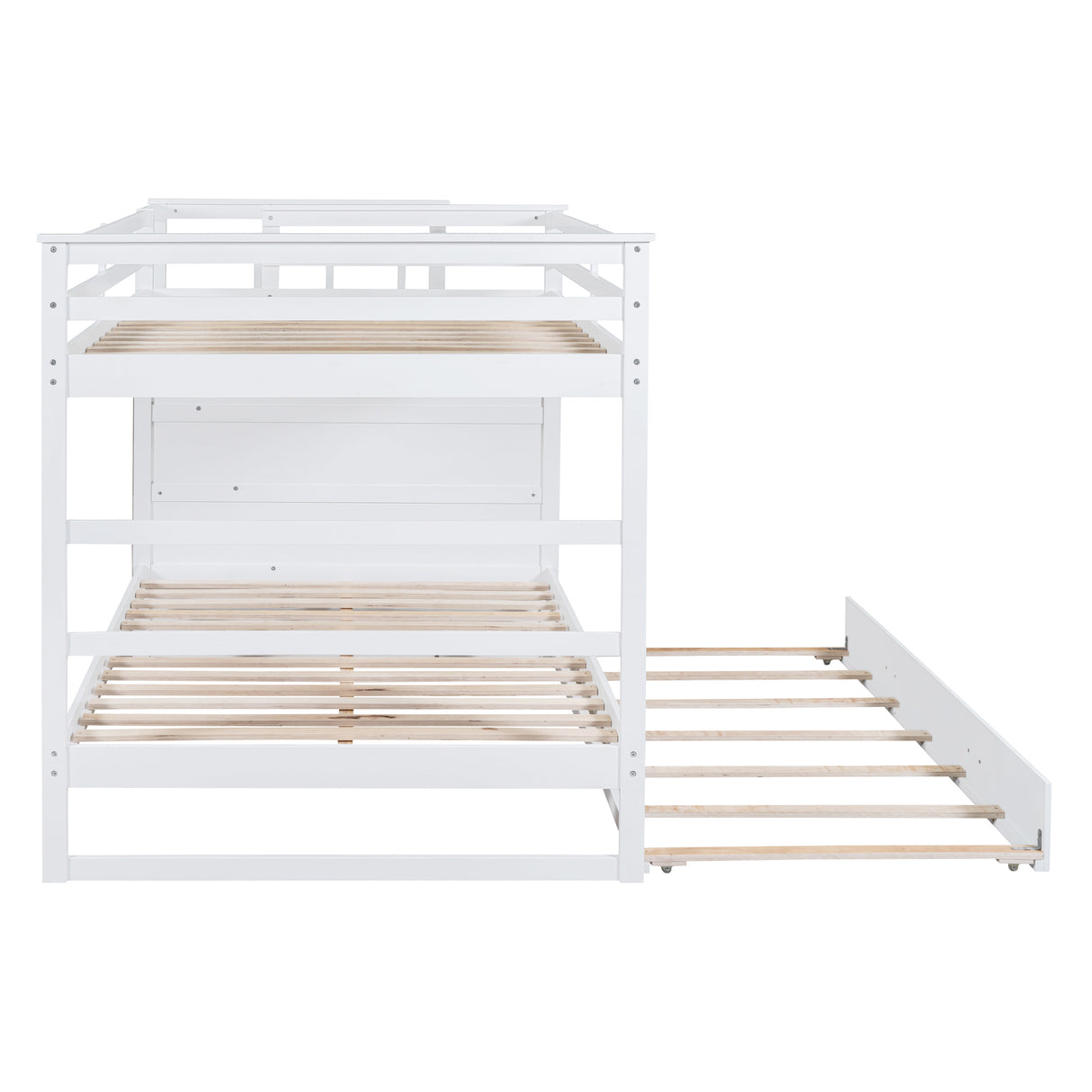 Full Over Full Bunk Bed with Twin Size Trundle and Staircase, White - Home Elegance USA