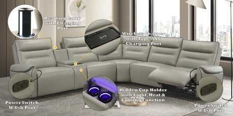 Jayke Top Grain Leather Match Power Motion Sectional Sofa, with Reading Lamp, Cupholder with Lights, Heat& Cooling Function, Wireless Charger with Type A&C Charging Port, Power Switch with USB Port - sold by Home Elegance USA