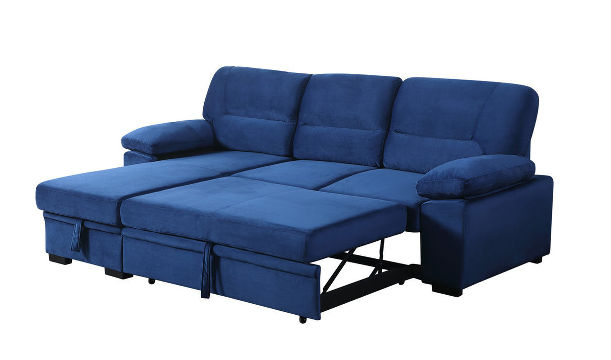 Kipling Blue Velvet Fabric Reversible Sleeper Sectional Sofa Chaise - Home Elegance USA