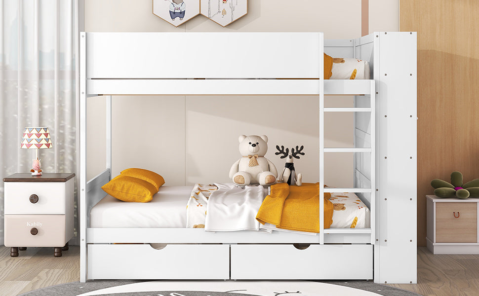 Full over Full Bunk Bed With 2 Drawers and Multi-layer Cabinet, White - Home Elegance USA