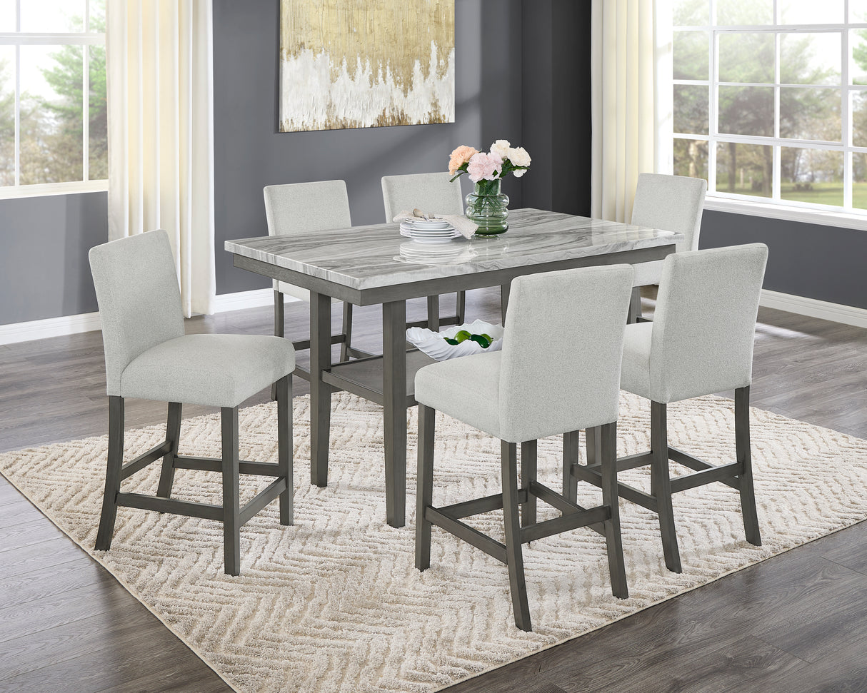 Juego de comedor Selena de 7 piezas de 182 cm de altura con imitación de mármol gris, estante de almacenamiento y sillas tapizadas en gris claro.