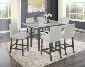 Selena 7-Piece 60' Gray Faux Marble Counter Height Dining Set with Storage Shelf & Light Gray Upholstered Chairs - sold by Home Elegance USA