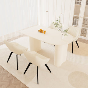63' medieval modern cream style MDF dining table and beige PU dining chair set, 4 sets of black metal leg dining chairs, suitable for kitchen&home - sold by Home Elegance USA