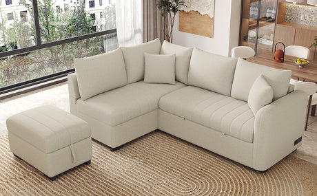 Modern L-shaped Sectional Pull Out Sofa Bed with USB Ports and Storage Ottoman, Beige, Jacquard Fabric, 82.6' - sold by Home Elegance USA