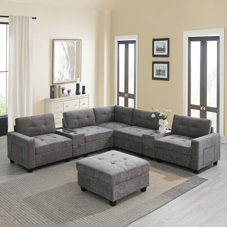 Modern Chenille U-Shaped Sectional Sofa with Acrylic Table Top, USB Charger, Storage Drawers, and Movable Ottoman in Gray - sold by Home Elegance USA