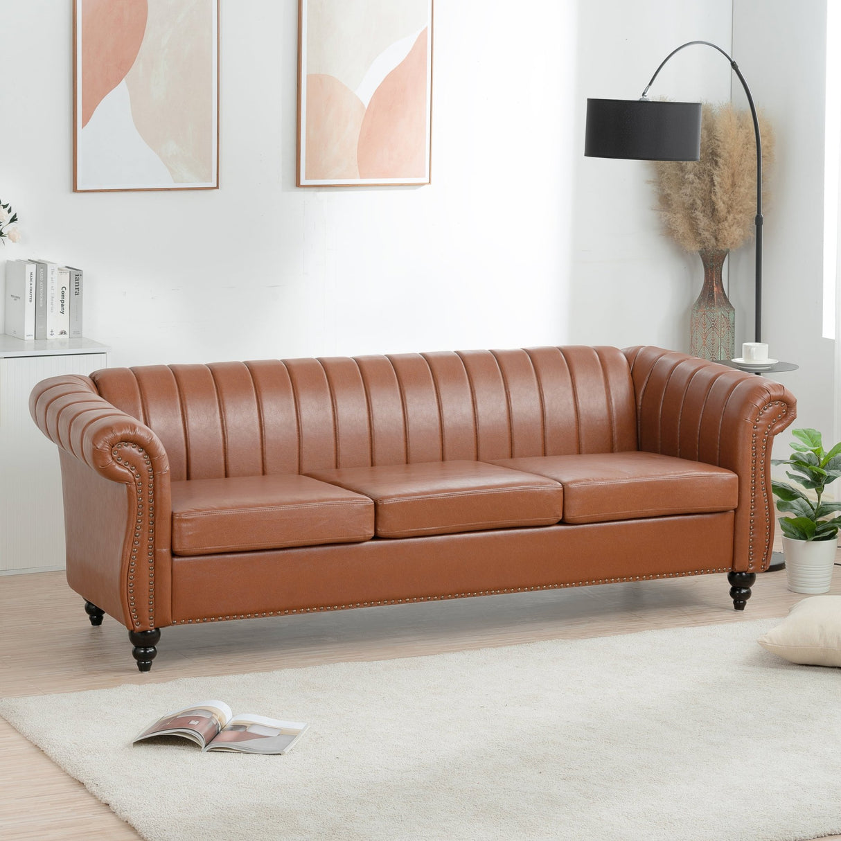 83.46" Brown PU Rolled Arm Chesterfield Three Seater Sofa. | Home Elegance USA