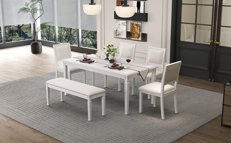 TREXM Vintage Extendable Dining Table Set for 6 with 4 Chairs & Bench, 59 to 72-Inch Rustic Farmhouse Kitchen Table Set with Distressed Finish and Retro Carved Legs (Washed White) - sold by Home Elegance USA