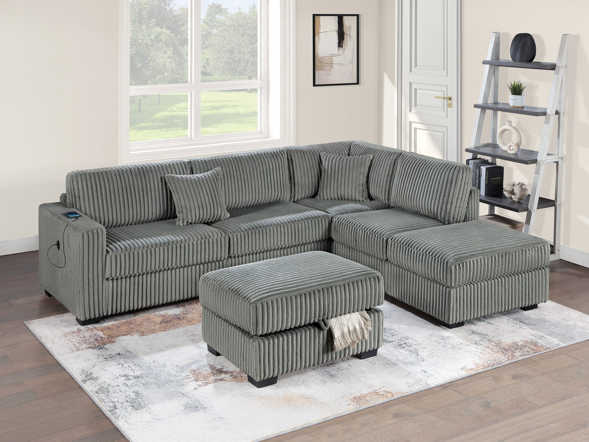 Smoke Color Corduroy Sectional Sofa Reversible Chaise Sofa w USB Storage Ottoman Upholstered Couch Pillows 3pc Set Living Room