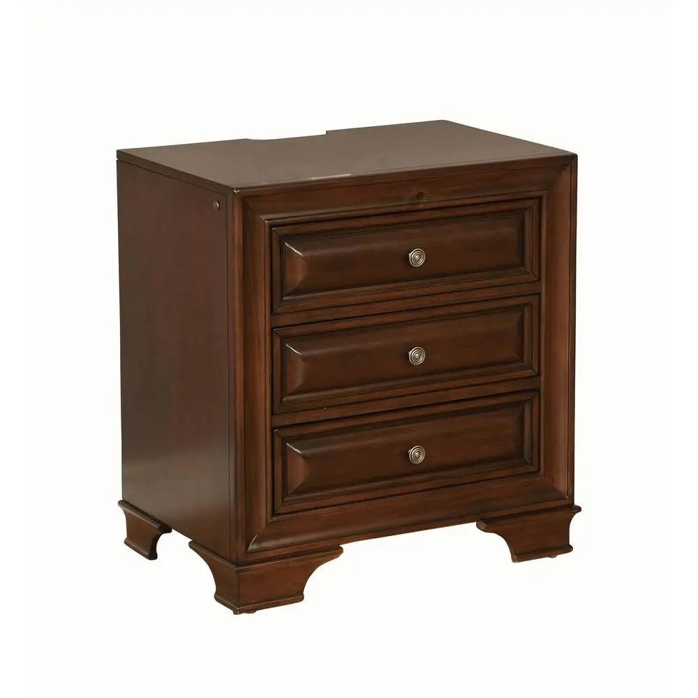 Brown Cherry Solid wood 1pc Nightstand Nickel Round Knob Transitional Style 3 - Drawers Nightstand w Under Nightlight - B01149585 - Home Elegance USA - 4