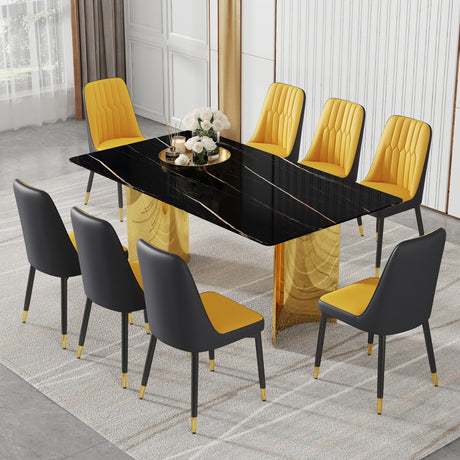 Table and chair set.The table has a glass top with imitation marble pattern stickers and stainless steel golden legs. Paried with 8 Orange and Dark Gray Spliced Color PU Dining Chairs. - sold by Home Elegance USA