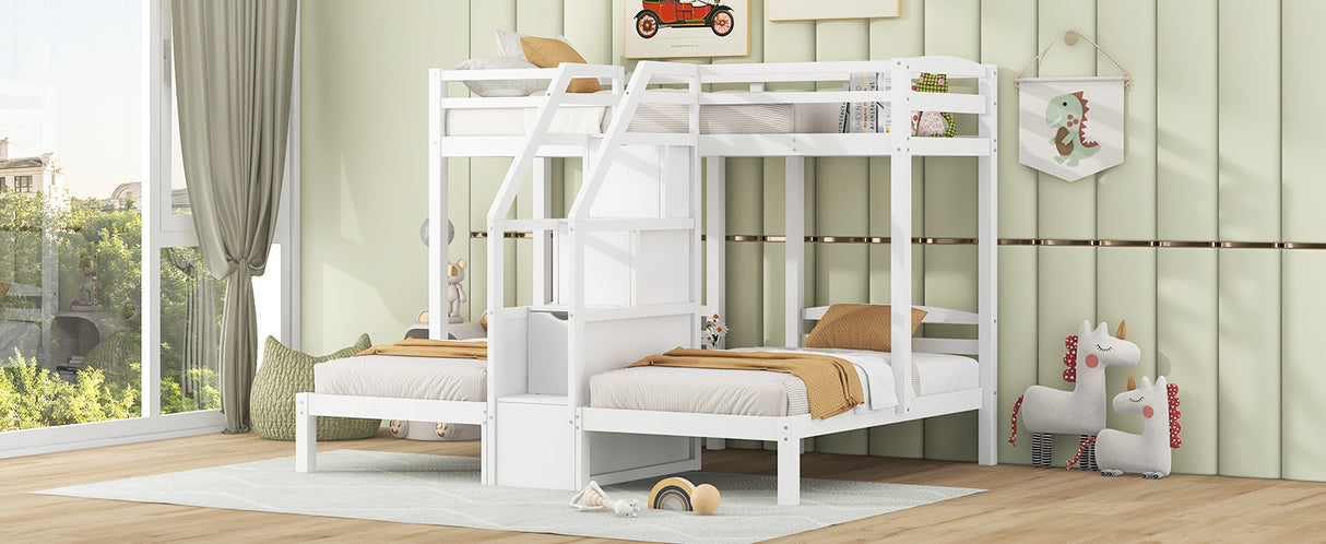 Twin over Twin & Twin Bunk Bed with Built-in Staircase and Storage Drawer,White - sold by Home Elegance USA