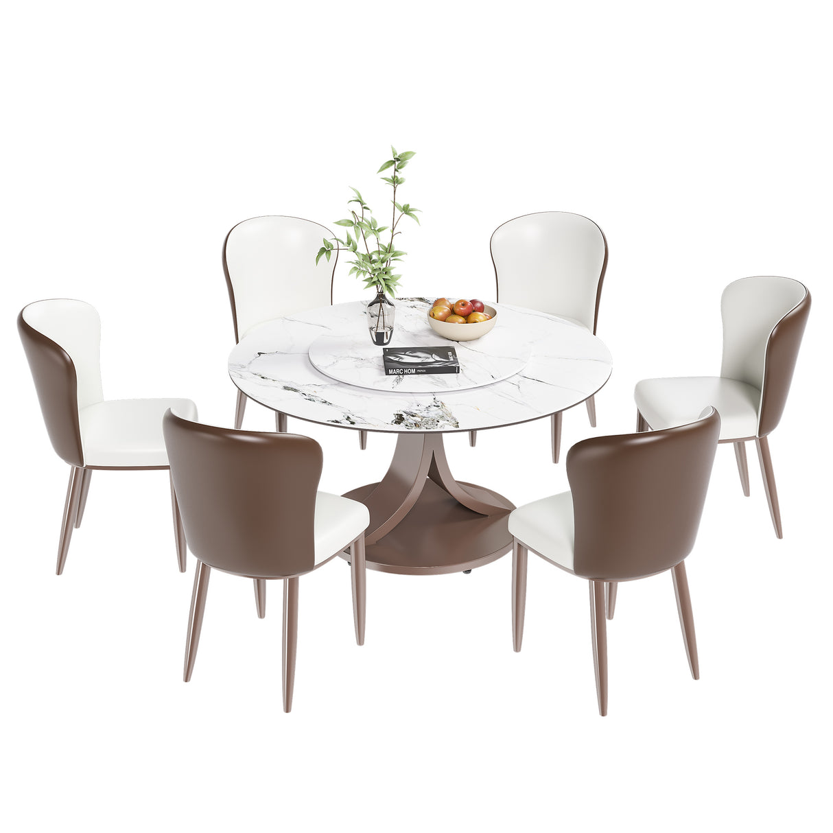 Modern Round Dining Table with 360° Rotating Lazy Susan in White Sintered Stone Top for Dining Room & Kitchen (6 Chairs)