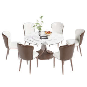 Modern Round Dining Table with 360° Rotating Lazy Susan in White Sintered Stone Top for Dining Room & Kitchen (6 Chairs)