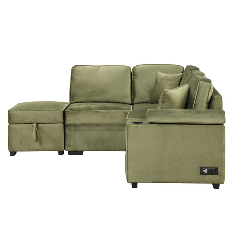 Green Velvet Sleeper Sofa Bed with Storage Ottoman, L Shape Pull Out Couch for Living Room and Bedroom - sold by Home Elegance USA