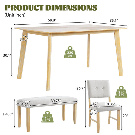 6 Piece Dining Room Table Set, Rustic Farmhouse Dining Room Rectangular Table with 4 Upholstered Chairs and Bench, Solid Wood Kitchen Dining Table Set for 6 Persons (Easy Assembly, Natural Wood Wash) - sold by Home Elegance USA