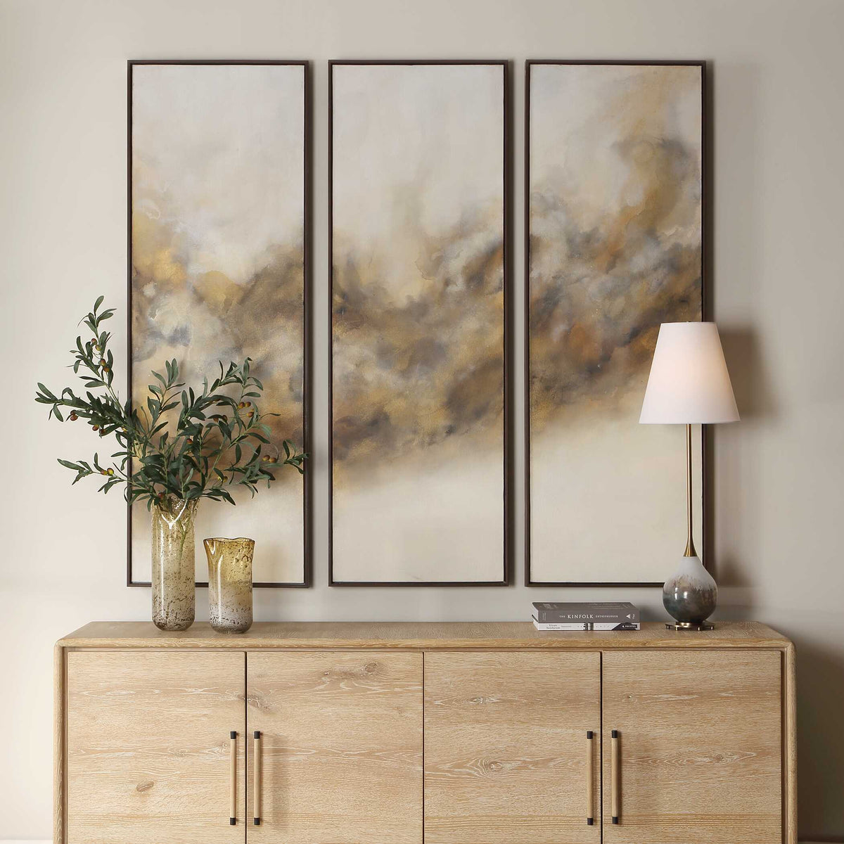 Smoke Break Hand Painted Modern Art (Set of 3) Black / Gray / Orange / Woodtone / Yellow - Light Brown / Beige by Uttermost - View 2