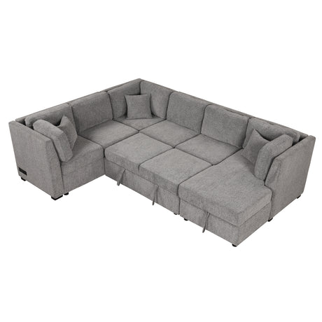 U-shaped Sectional Sofa Pull out Sofa Bed with USB Ports, Power Sockets, Storage Chaise, Light Gray Chenille, 108.6' - sold by Home Elegance USA