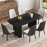 Table and chair set.67 * 35.4 inch black wood grain MDF dining table:a simple and luxurious, stable choice.Paired with 6 White and Dark Gray Spliced color chairs with PU cushions and black metal legs.